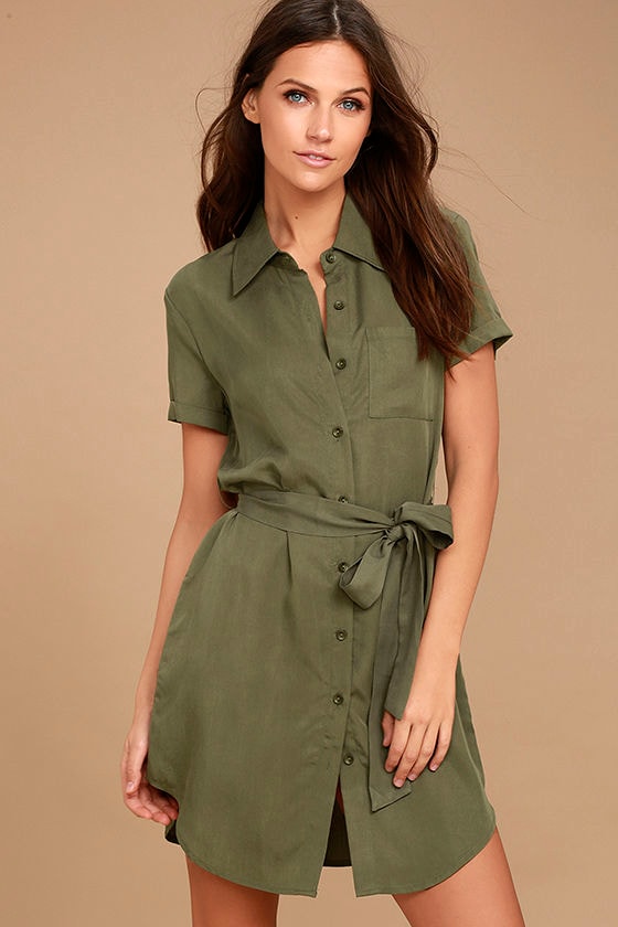 Cute Olive Green Dress - Shirt Dress ...